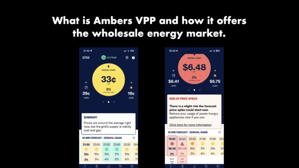 Two phone screens display Amber app interfaces showing real-time electricity prices and risk of price spikes in the wholesale energy market.